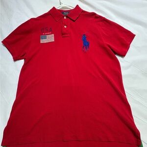 Ralph Lauren Red Polo Shirt with large Blue Logo American flag